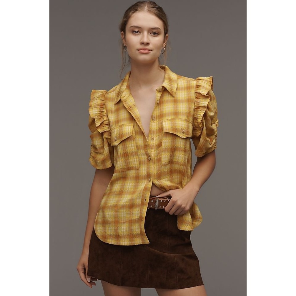 Anthropologie Pilcro Ozzi‎ Ruffle Sleeve Shirt Yellow Medium New With Tags